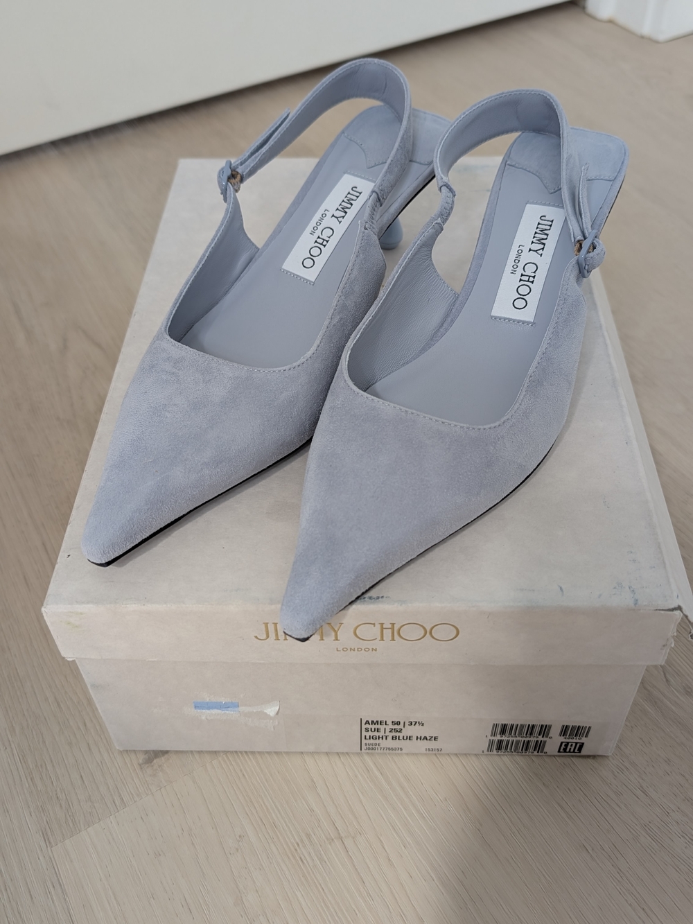 Jimmy Choo Light Blue Suede Slingback Pointed Toe Pumps - Amel 50